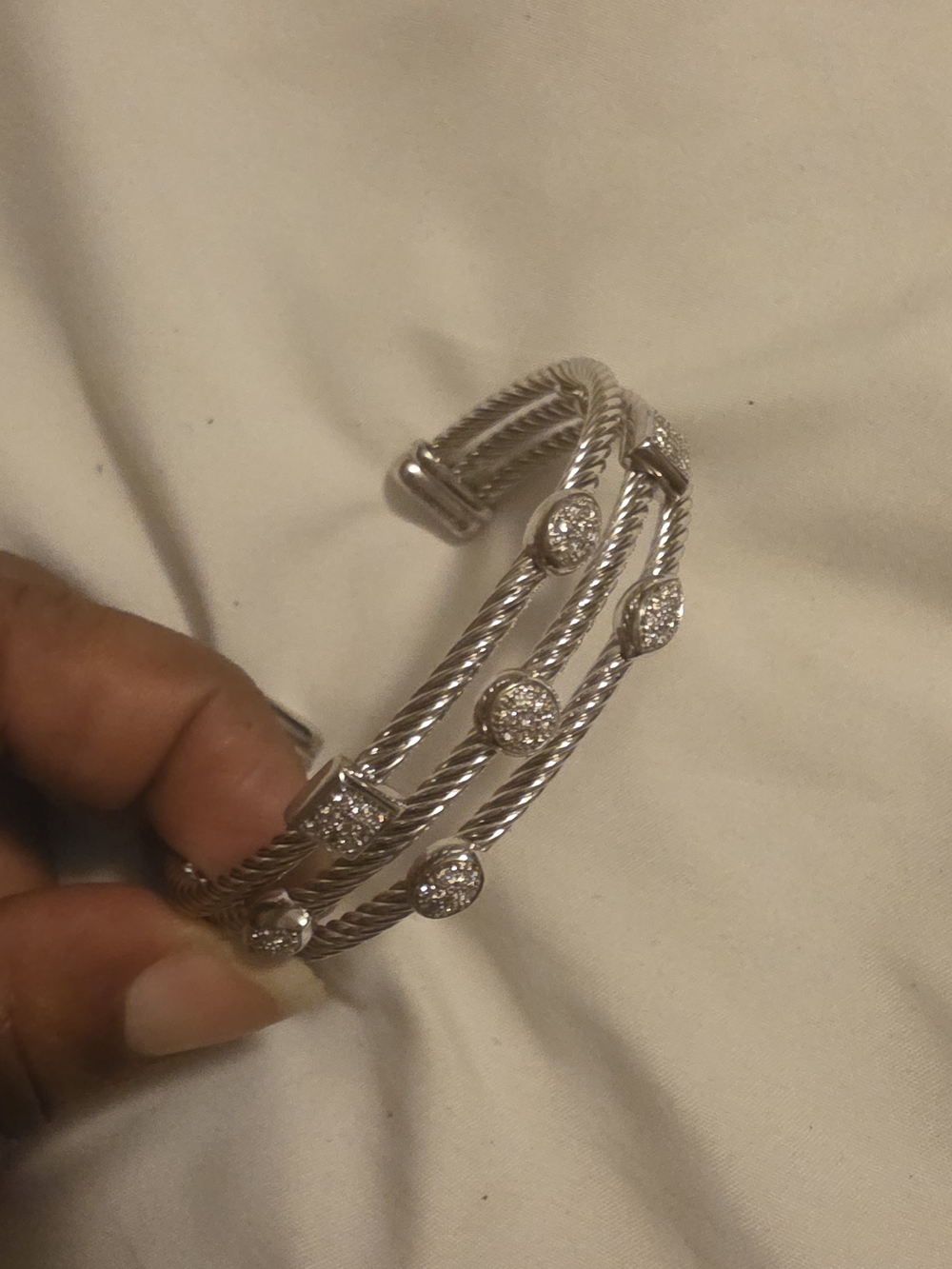 Silver-Tone Twisted Cable Cuff Bracelet with Crystal Accents